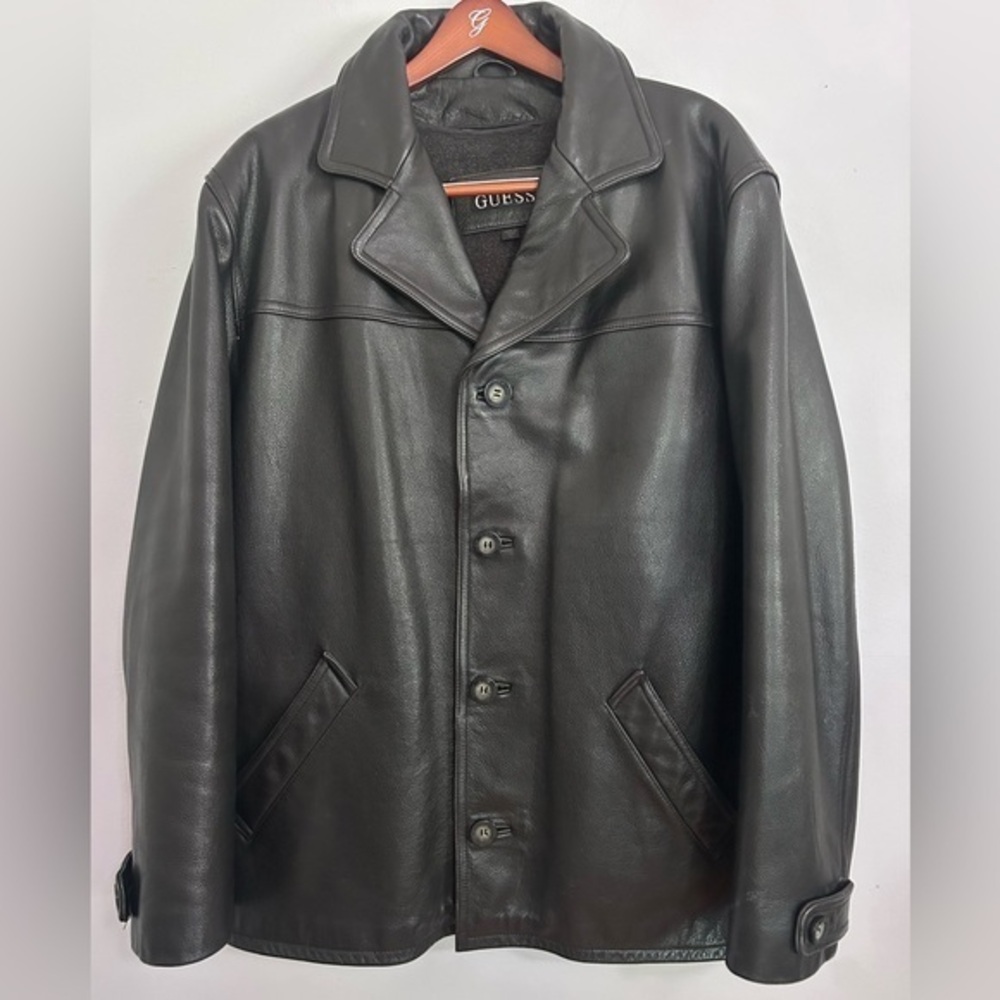 GUESS Men’s Black Heavy Leather Button Up Coat Jacket Size Large Lined Y2K